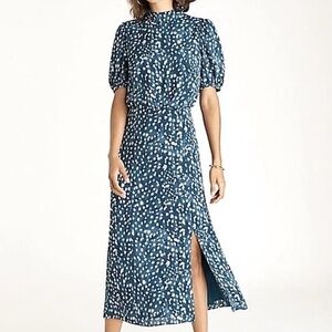 Ann Taylor Petite Mock Neck Puff Sleeve Abstract Dotted Slit Dress